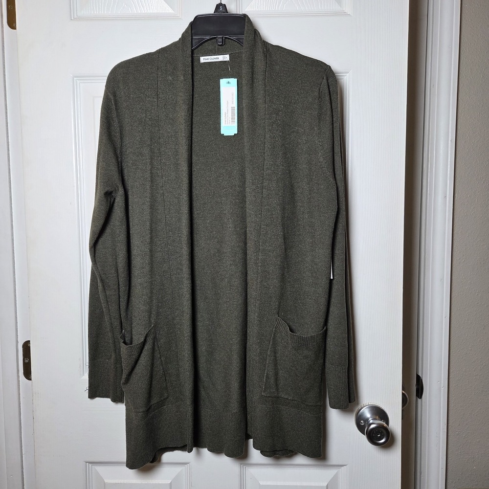 Pink Clover L Penton 2 Pocket longline open front olive cardigan NWT soft fall